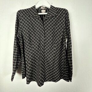 Chico's Womens No-Iron Sateen Windowpane-Print Wing Collar Shirt Size 2 US 12/14
